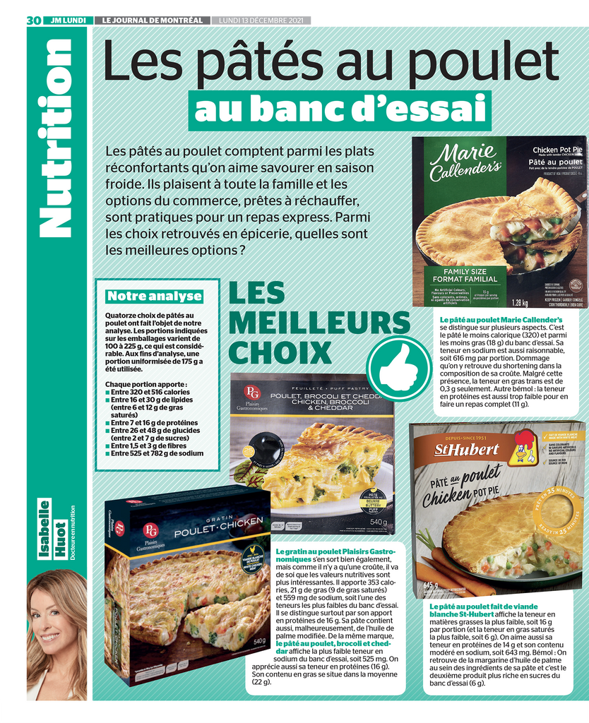 Which chicken pot pie to choose in the grocery store? Isabelle Huot Doctor in nutrition offers you the best choices in her article for the Journal de Montréal.