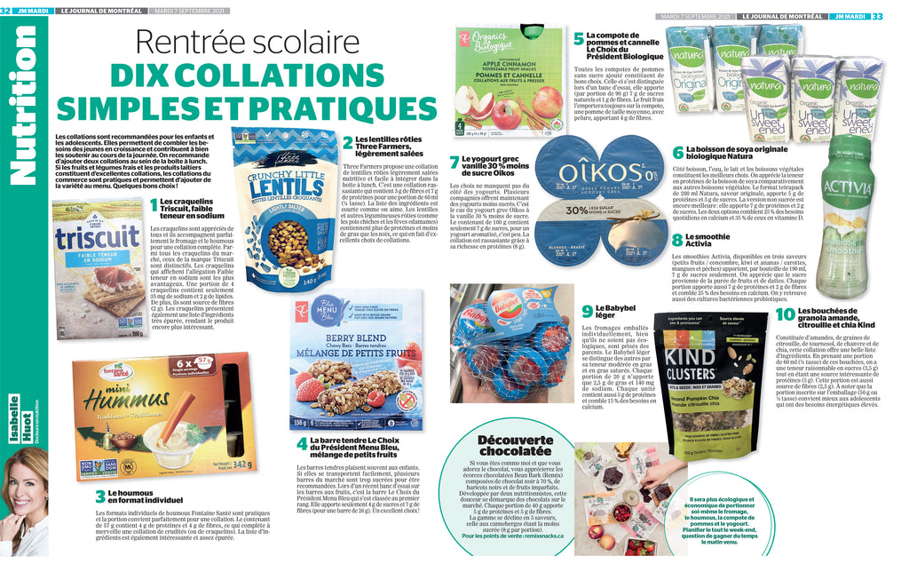 10 simple and practical back-to-school snacks by Isabelle Huot, Doctor of Nutrition for the Journal de Montréal.