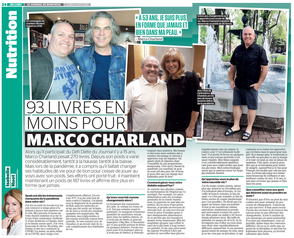 Discover the inspiring story of Marco Charland who lost 98 pounds. An article by Isabelle Huot Doctor in nutrition in the Journal de Montréal.