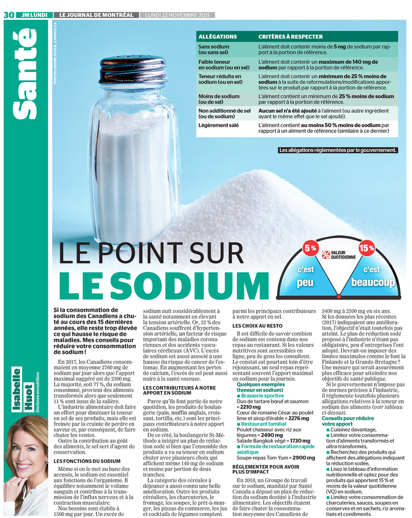 The point on sodium:An article by Isabelle Huot Doctor of nutrition for the Journal de Montréal.