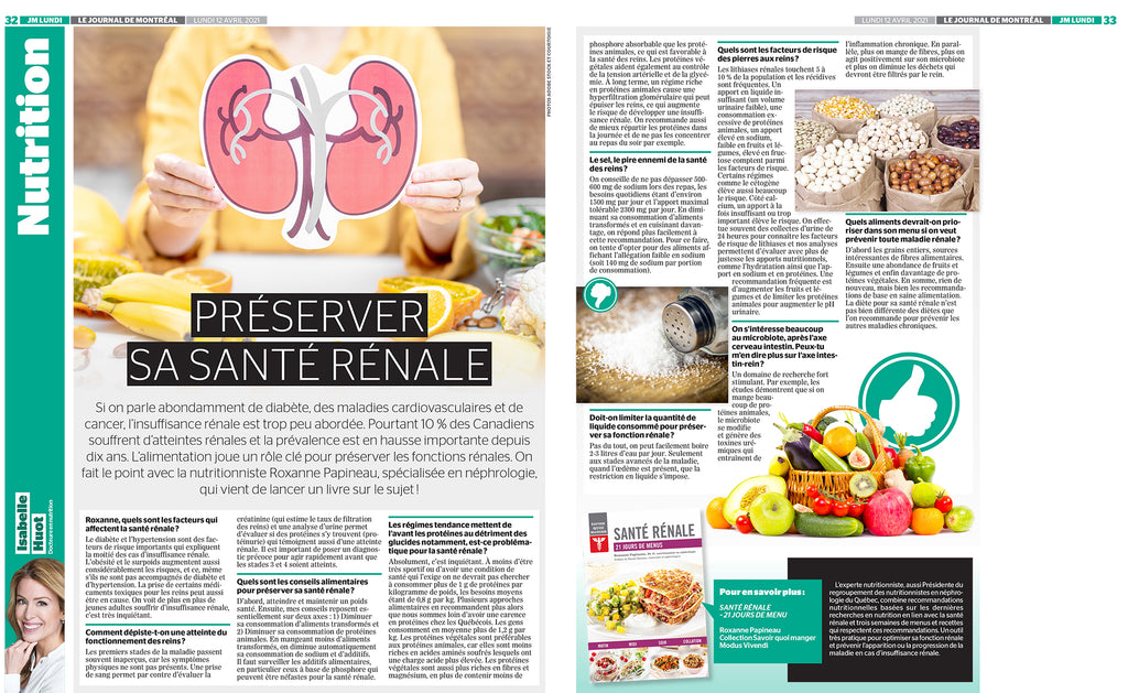 Article from the Journal de Montréal on how to preserve kidney health by Isabelle Huot Doctor of Nutrition