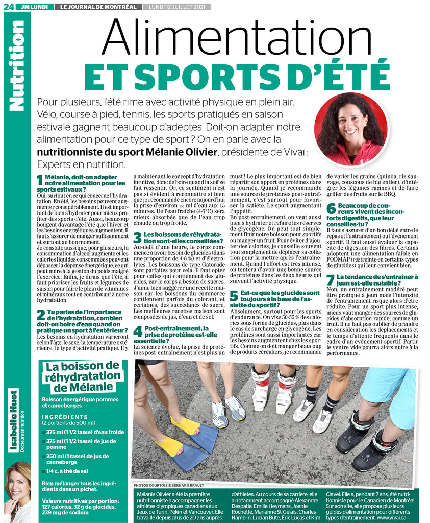 Article d'Isabelle Huot Docteure en nutrition sur l'alimentation et les sports d'été, tiré du Journal de Montréal