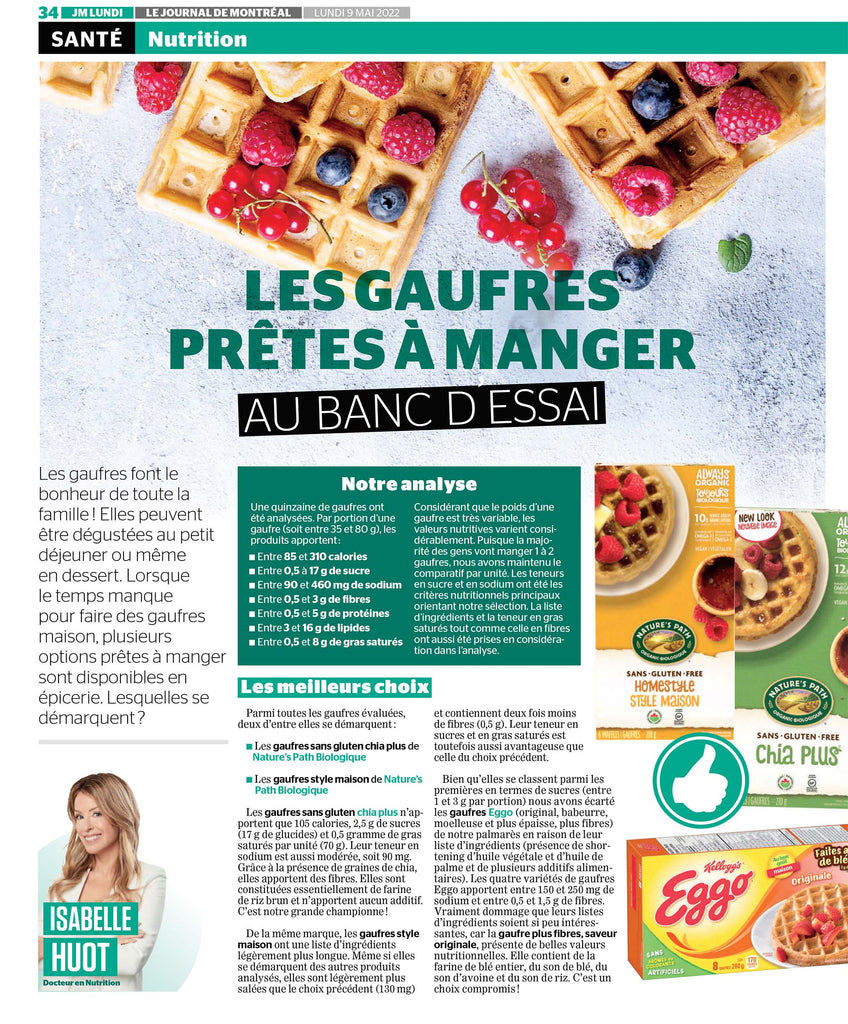 Quels sont les meilleures gaufres en épicerie? Lisez l'analyse d'Isabelle Huot Docteure en nutrition dans le Journal de Montréal pour le découvrir.