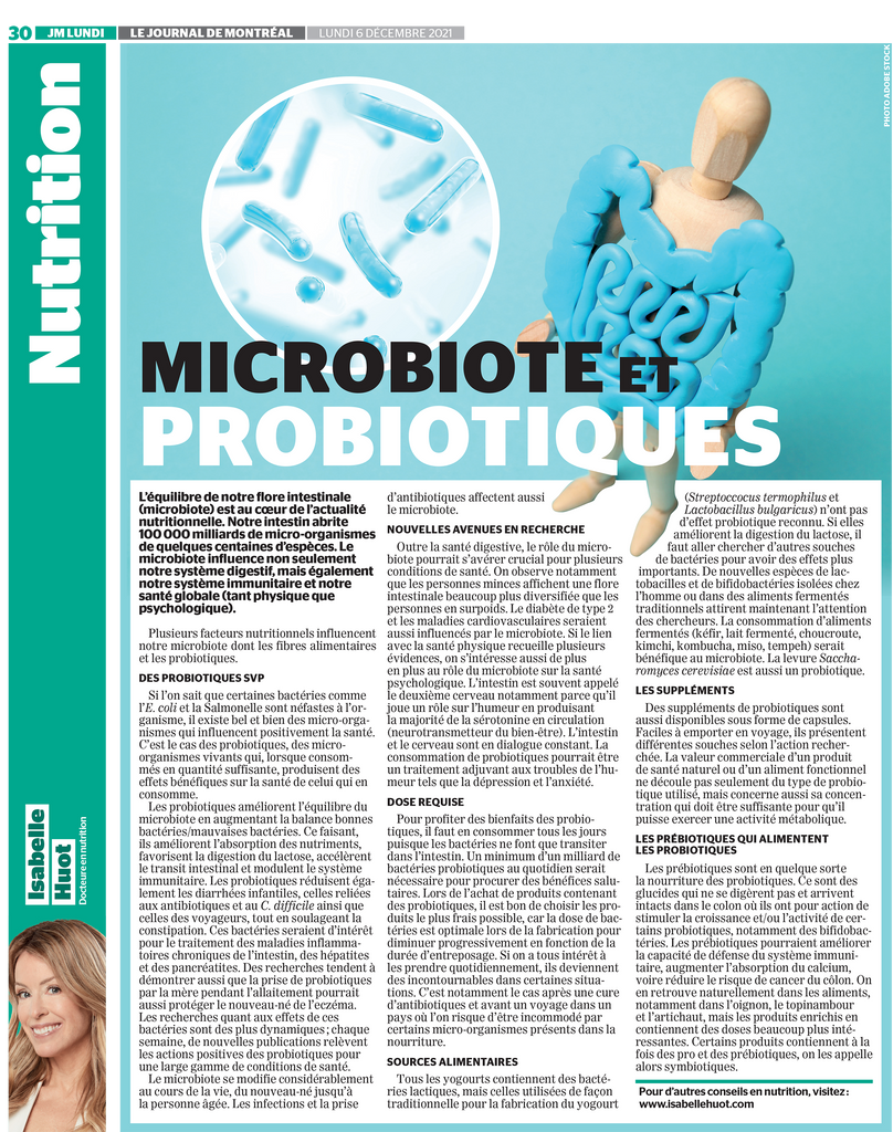 Isabelle Huot Doctor in nutrition discusses the microbiota in her article for the Journal de Montréal.