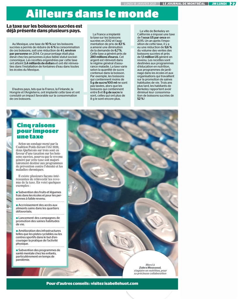 2nd page of the Journal de Montréal article by Isabelle Huot on taxes on sugary drinks