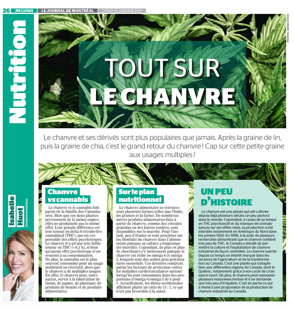 Article de Isabelle Huot dans le Journal de Montréal sur le chanvre et sa consommation alimentaire