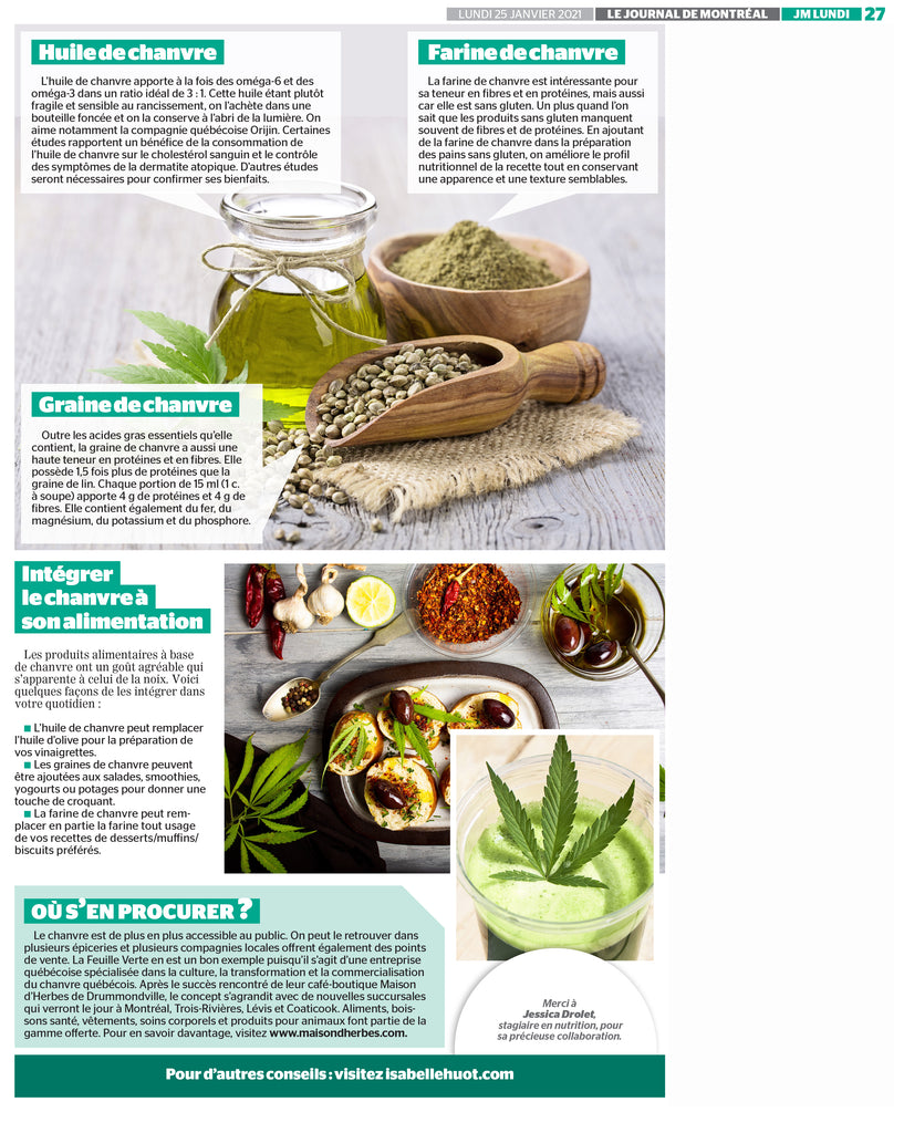 Second page of the Journal de Montréal article on hemp by Isabelle Huot Doctor of nutrition