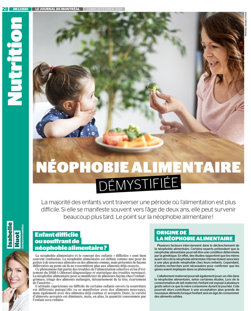 Article sur la néophobie alimentaire dans le journal de Montréal écrit par Isabelle Huot