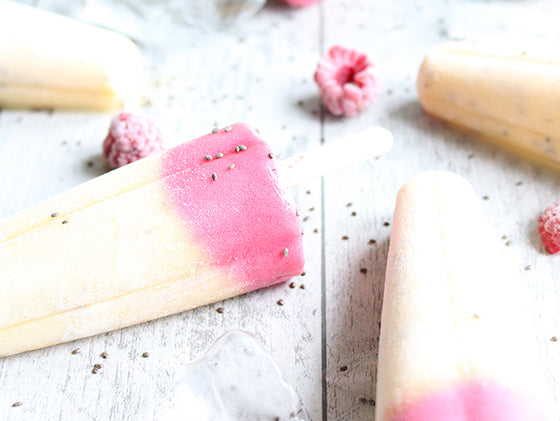 Recipe for mango raspberry and chia popsicles on Isabelle Huot's blog