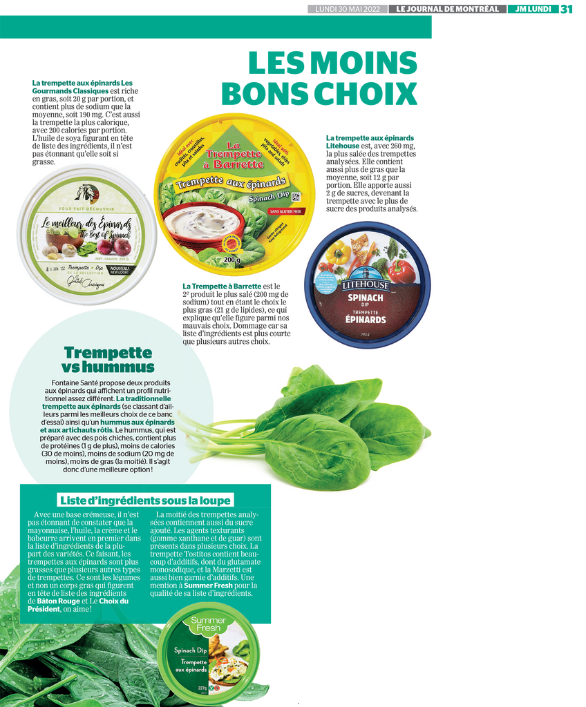 Isabelle Huot Docteure en nutrition analyse les meilleures trempettes aux épinards sur le marché dans son article pour le Journal de Montréal.