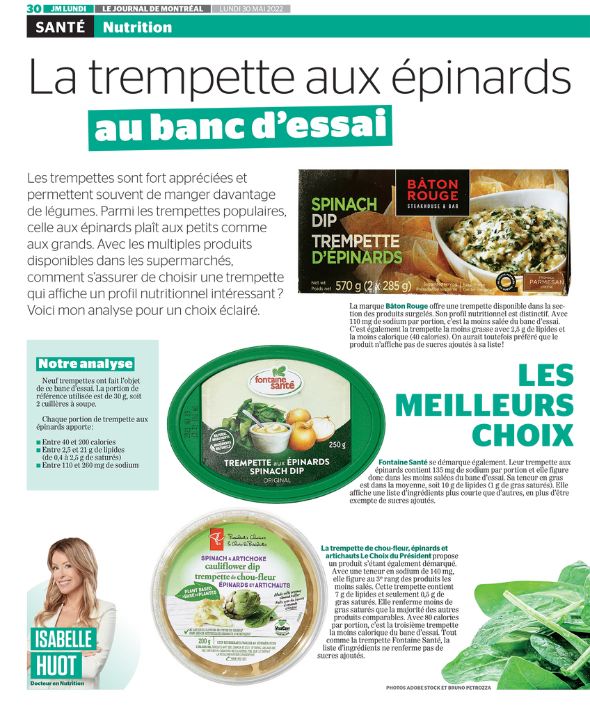 Trempettes aux épinards : Un choix santé? Comment distinguer quels sont les meilleurs produits? Un article d'Isabelle Huot Docteure en nutrition.