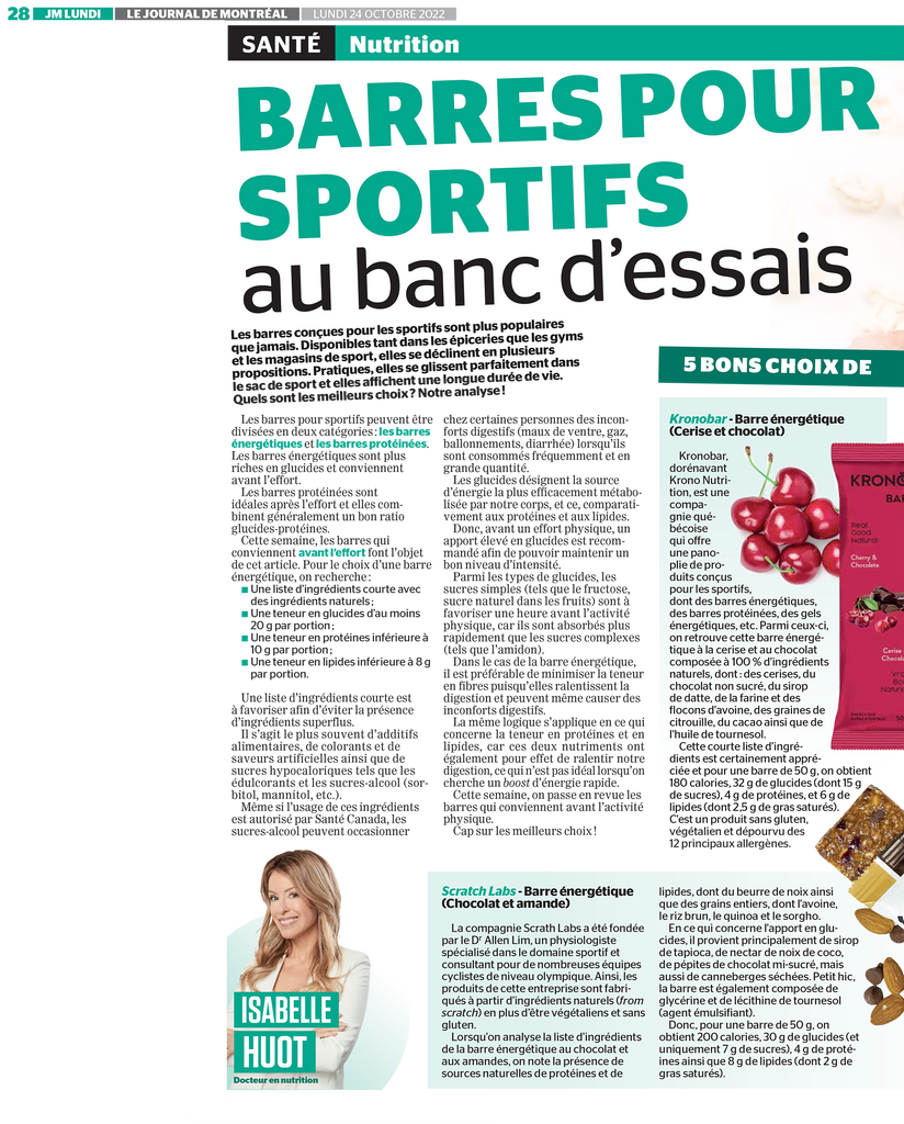 Meilleures barres énergétiques pour sportifs : Banc d'essai Isabelle Huot Docteure en nutrition pour le Journal de Montréal.