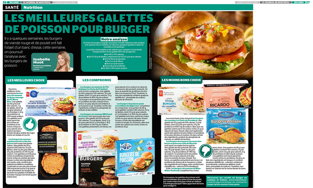 Les burgers de poisson au banc d'essai : une analyse nutritionnelle d'Isabelle Huot Docteure en nutrition pour le Journal de Montréal.