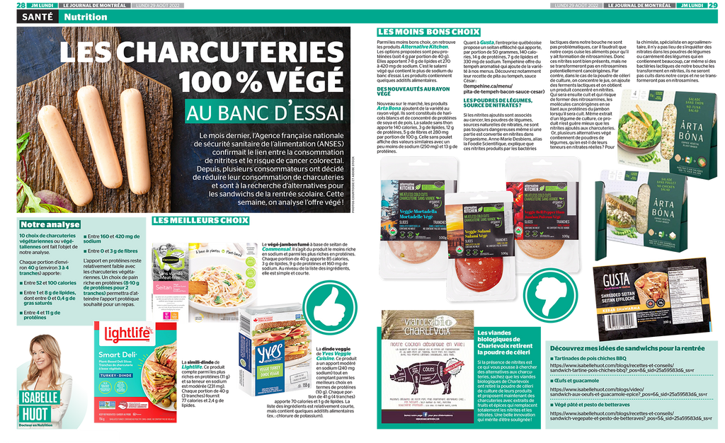 Découvrez les meilleurs choix de charcuteries 100 % végé dans cet article d'Isabelle Huot Docteure en nutrition pour le Journal de Montréal.