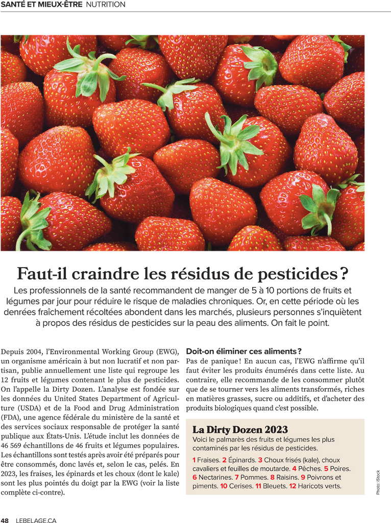 Isabelle Huot Docteure en nutrition fait le point sur les résidus de pesticides dans les aliments. Faut-il les craindre? Un article pour le Bel Âge Magazine.