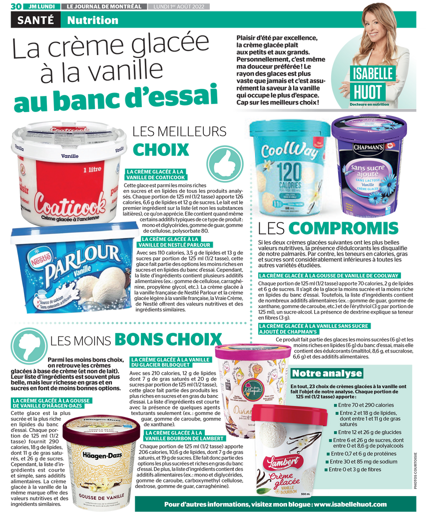 La crème glacée à la vanille, un bon choix? Faites le point dans cet article d'Isabelle Huot Docteure en nutrition.