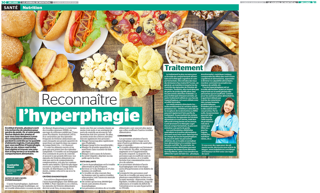 Reconnaître l'hyperphagie : un article du Journal de Montréal signé Isabelle Huot Docteure en nutrition