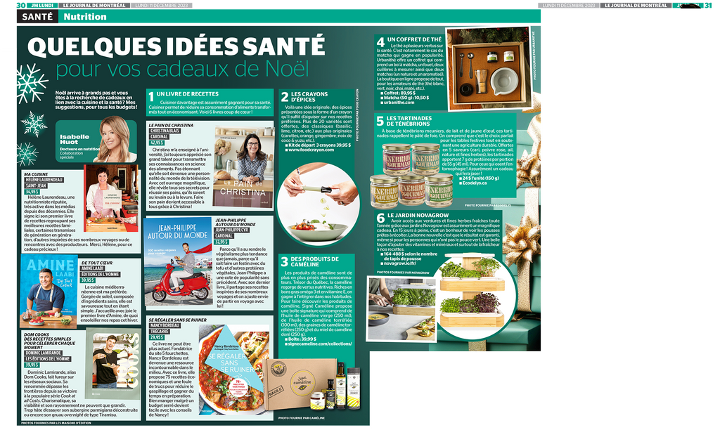 Des idées de cadeaux de Noël signées Isabelle Huot Docteure en nutrition. Un article pour le Journal de Montréal.