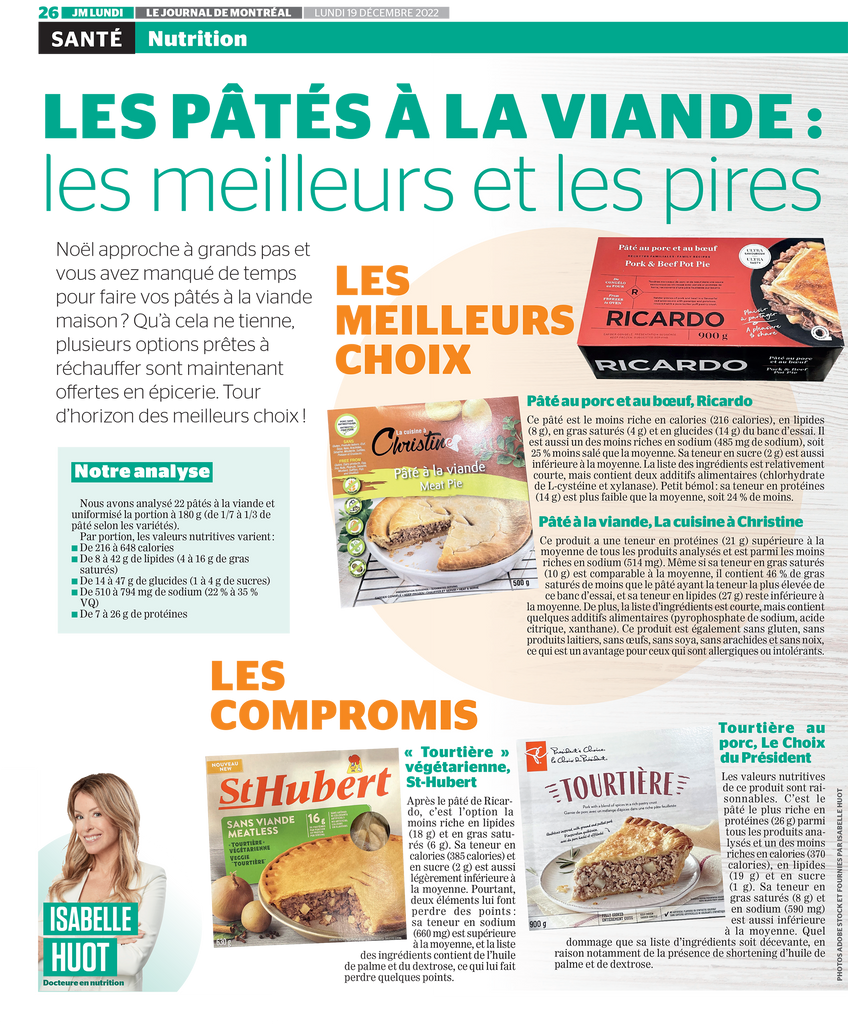 La Docteure en nutrition, Isabelle Huot analyse les pâtés à la viande et vous présente les meilleures options en épicerie!