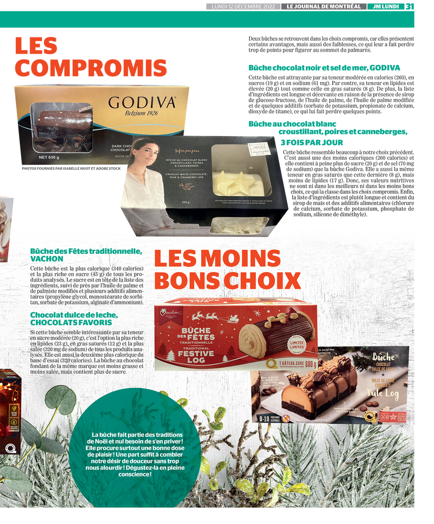Les meilleures bûches de Noël : Un article d'Isabelle Huot Docteure en nutrition pour le Journal de Montréal.