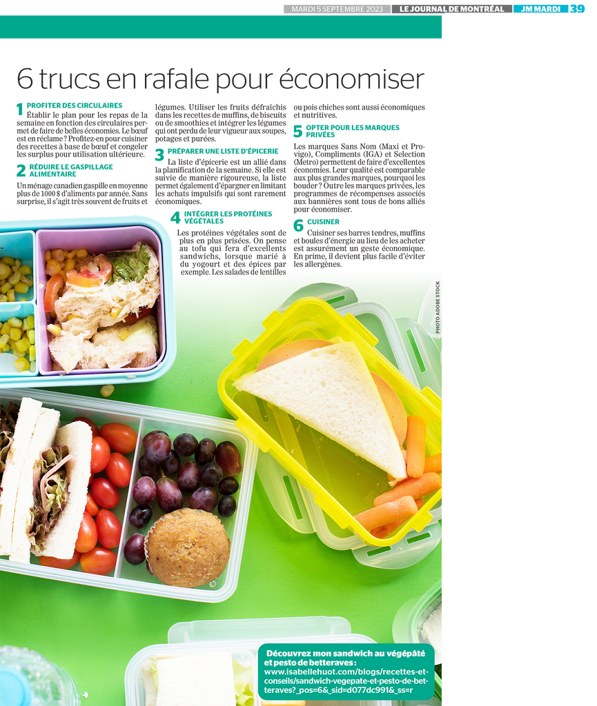Des lunchs économiques pour la rentrée : les conseils d'Isabelle Huot Docteure en nutrition.