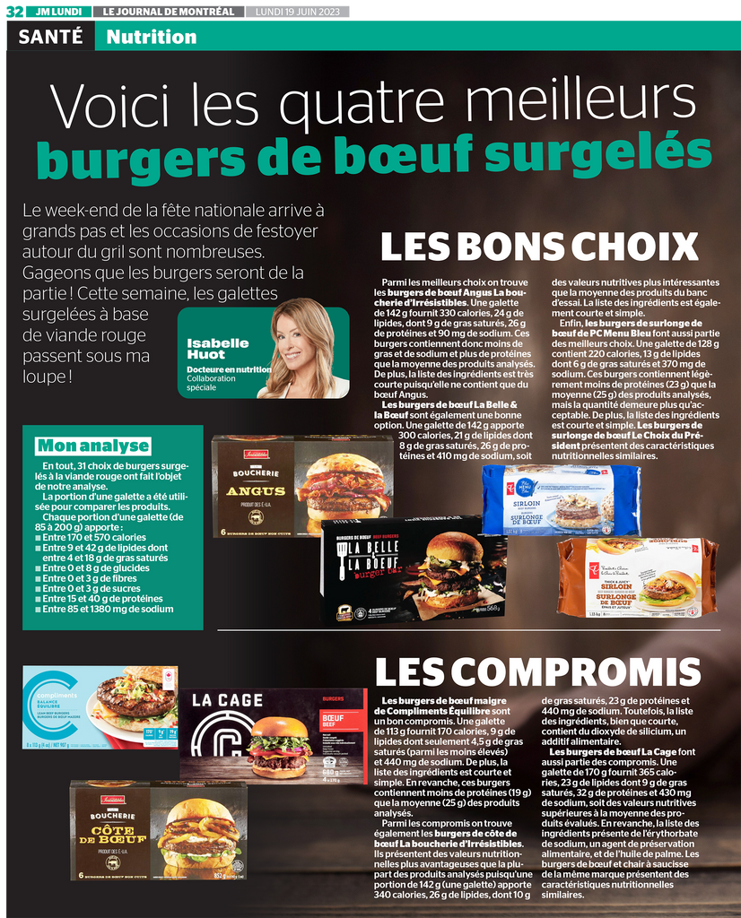 Le top 4 des meilleurs burgers de bœuf surgelés disponibles en épicerie. Une analyse nutritionnelle d'Isabelle Huot Docteure en nutrition pour le Journal de Montréal.