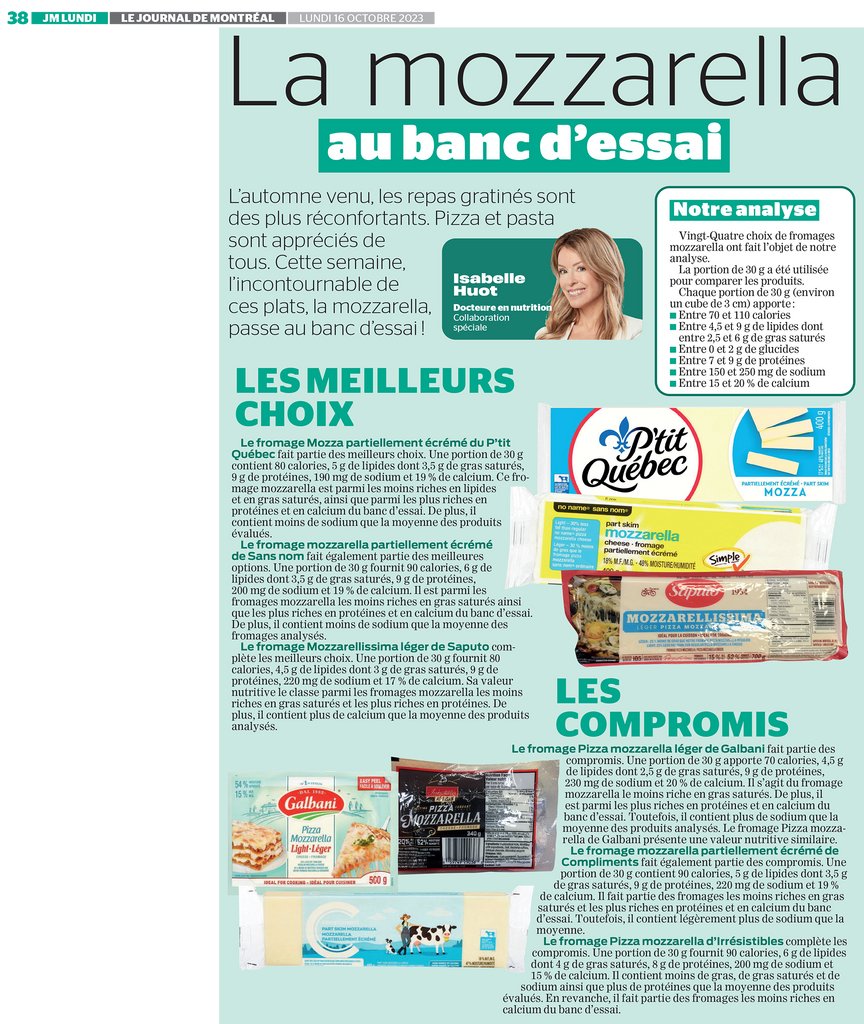 La mozzarella au banc d'essai : un article d'Isabelle Huot Docteure en nutrition pour le Journal de Montréal.