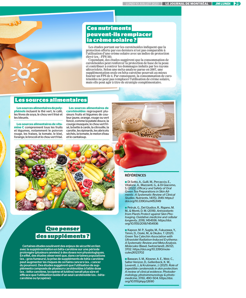 Des nutriments pour prendre soin de votre peau : un article d'Isabelle Huot Docteure en nutrition pour le Journal de Montréal. 
