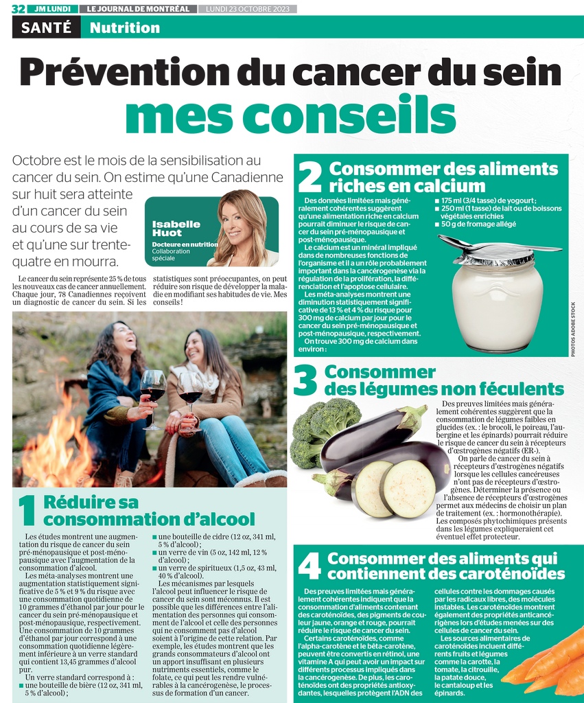 Découvrez les conseils d'Isabelle Huot, Docteure en nutrition, pour prévenir les risques du cancer du sein par l'adoptions de saines habitudes alimentaires. Un article pour le Journal de Montréal.