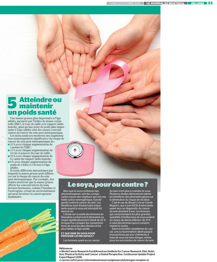 Prévenir les risques de cancer du sein par l'alimentation : un article de la Docteure en nutrition, Isabelle Huot pour le Journal de Montréal.