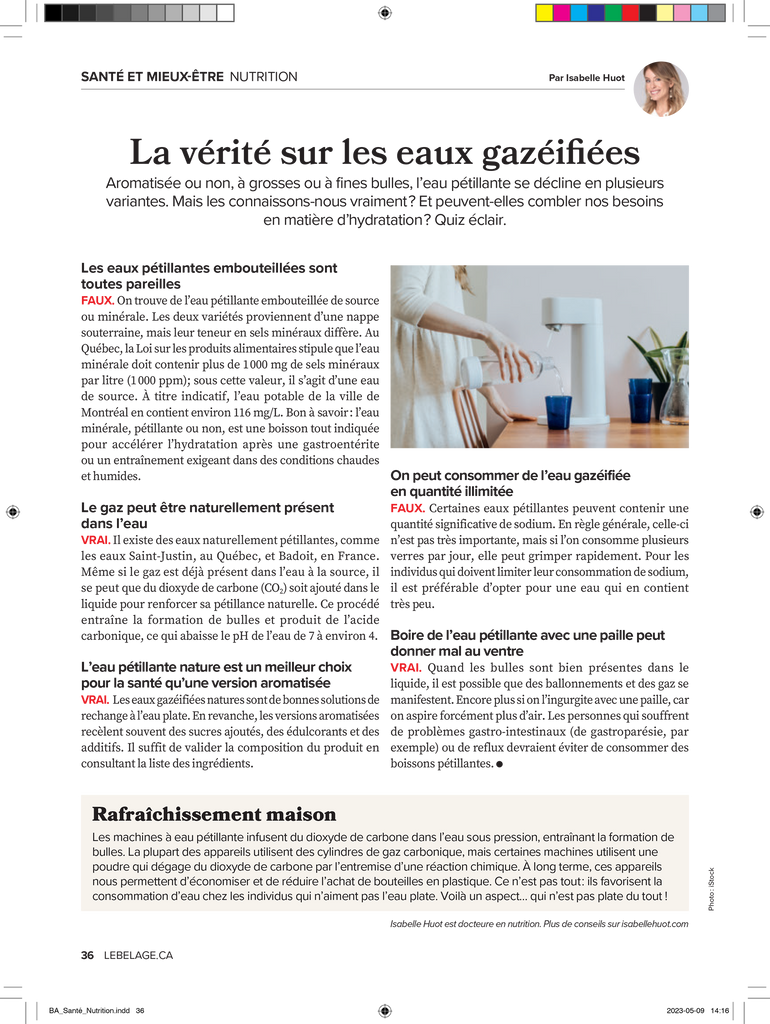 La vérité sur les eaux gazéifiées - un article d'Isabelle Huot Docteure en nutrition pour le Bel Âge Magazine.