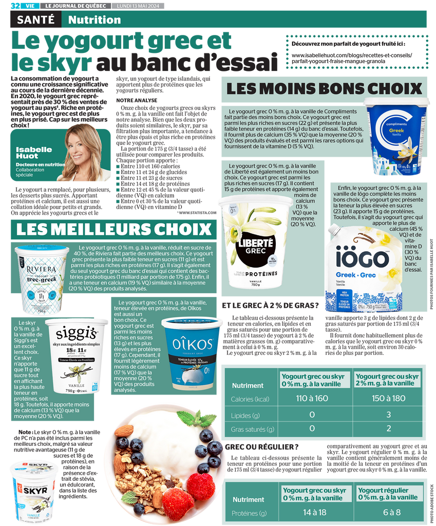 ET LE GREC À 2 % DE GRAS ? Le tableau ci-dessous présente la teneur en calories, en lipides et en gras saturés pour une portion de 175 ml (3/4 tasse) de yogourt à 2 % de matières grasses (m. g) comparativement à celui à 0 % m. g.  Le yogourt grec ou skyr 2 % m. g. à la vanille apporte 3 g de lipides dont 2 g de gras saturés par portion de 175 ml (3/4 tasse).  Il fournit donc habituellement plus de calories que le yogourt grec ou skyr 0 % m. g. à la vanille, soit environ 30 calories de plus par portion.  Nutriment   Yogourt grec ou skyr 0 % m. g. à la vanille Yogourt grec ou skyr 2 % m. g. à la vanille Calories (kcal) 110 à 160	150 à 180 Lipides (g) 0	3 Gras saturés (g) 0	2 GREC OU RÉGULIER ? Le tableau ci-dessous présente la teneur en protéines pour une portion de 175 ml (3/4 tasse) de yogourt régulier comparativement au yogourt grec et au skyr. Le yogourt régulier 0 % m. g. à la vanille contient généralement moins de la moitié de la teneur en protéines d’un yogourt grec ou skyr 0 % m. g. à la vanille.  Nutriment	Yogourt grec ou skyr 0 % m. g. à la vanille Yogourt régulier  0 % m. g. à la vanille Protéines (g) 14 à 18	6 à 8