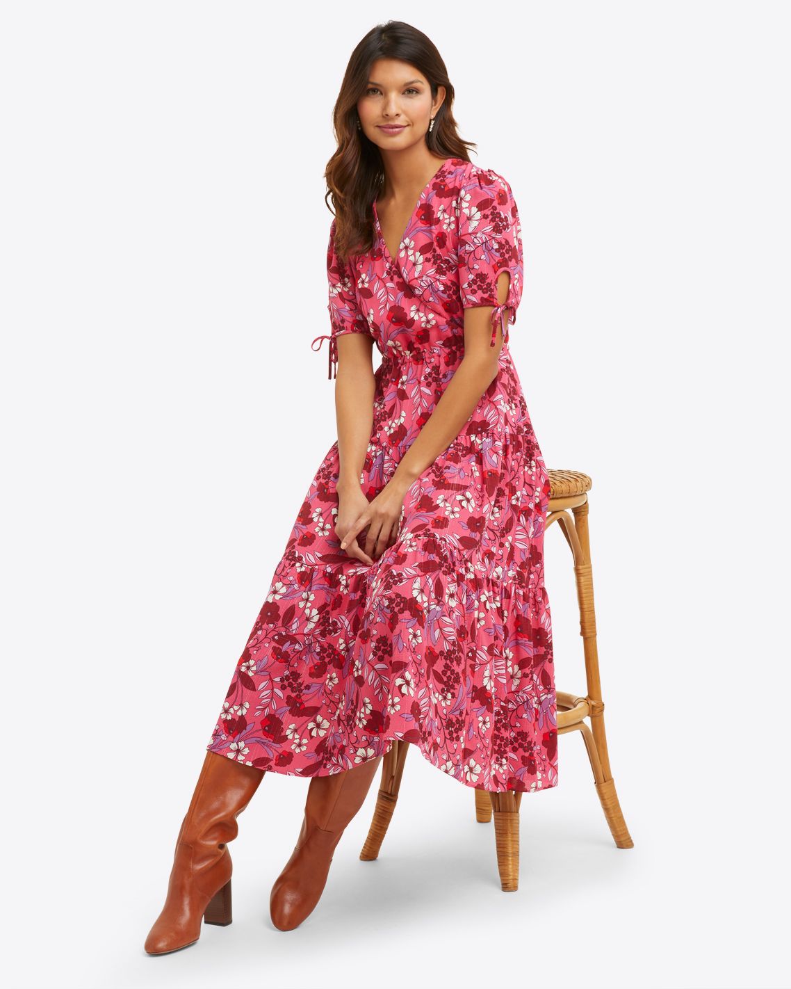 Faux Wrap Dress in Raspberry Clematis Floral