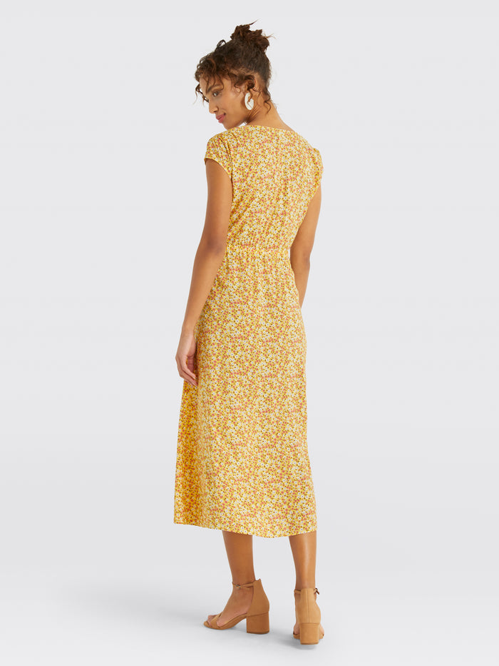 yellow floral button up dress