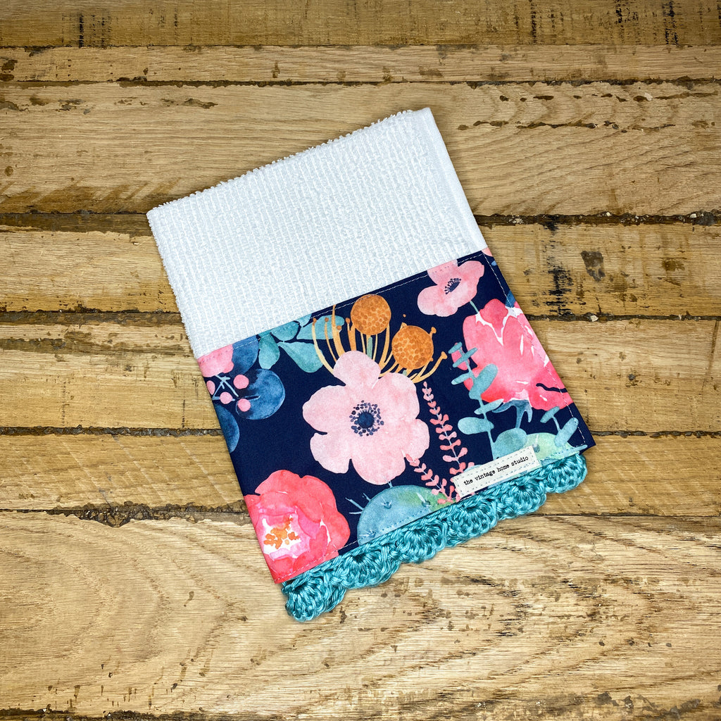 Pink Blooms on Aqua Crochet Kitchen Towel