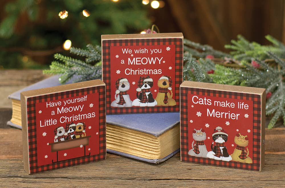 Buffalo Check Meowy Christmas 4" Square Block Sign