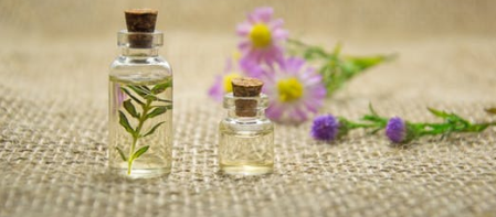 small clear bottles of oil with leaves inside