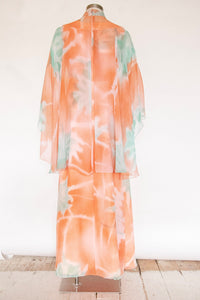 1970s Dress Silk Chiffon Floral Cape Maxi Gown S