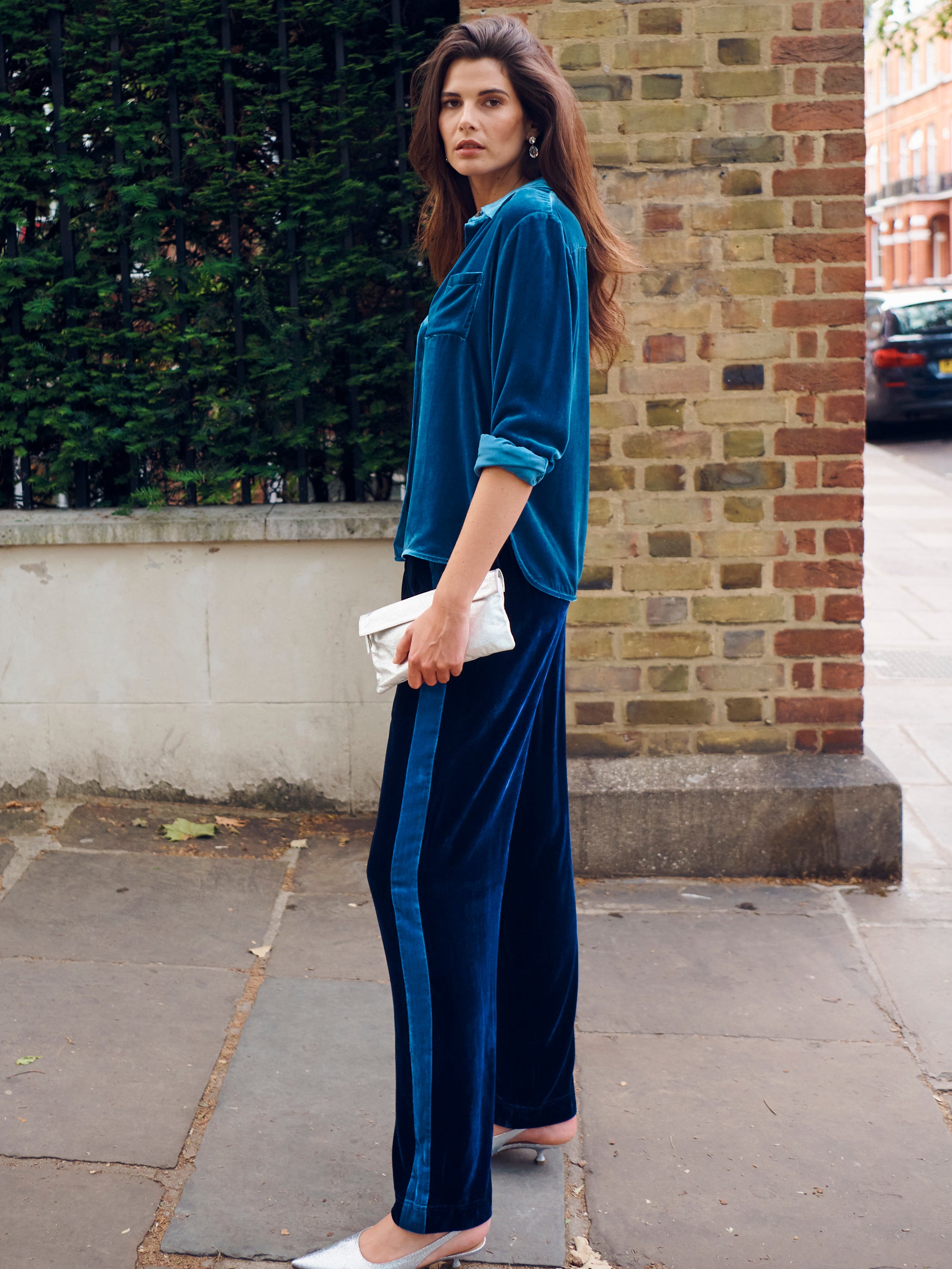 Thea velvet side stripe trouser in Navy/Peacock Blue