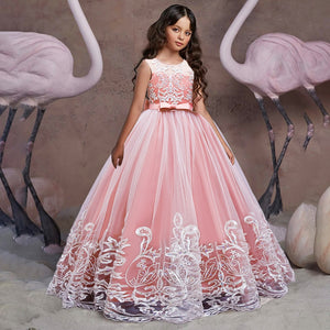Puffy Tulle Full-Length Lace Flower Girl Princess Party Girl Dress