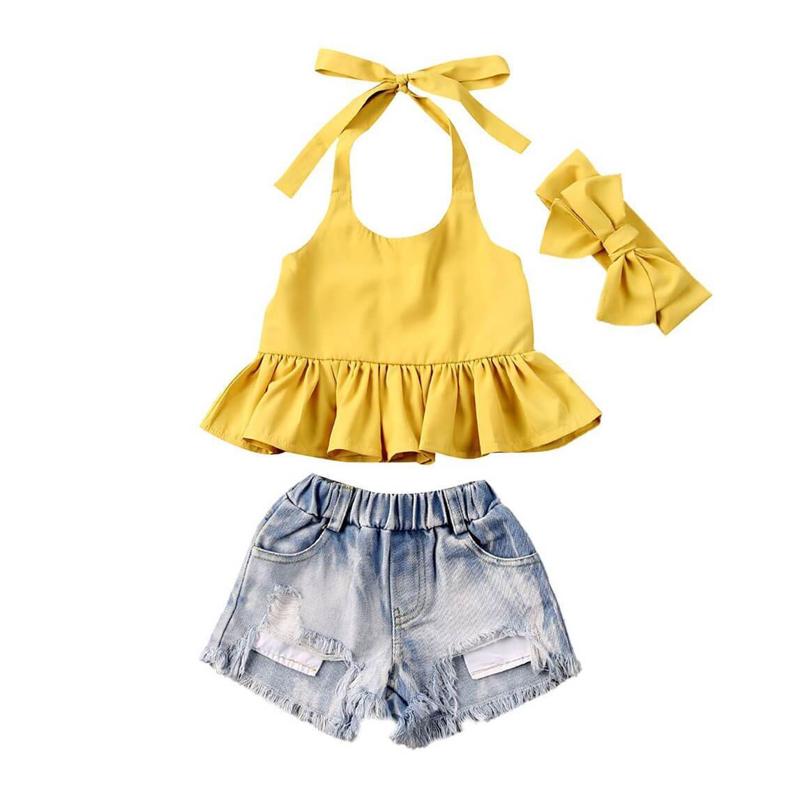 Ruffled Yellow Top Denim Shorts Set Baby Toddler Girl - Cutesy Cup ...