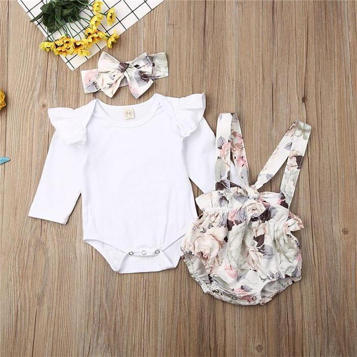 White Bodysuit Floral Suspender 2 pc Set Baby Girl - Cutesy Cup | Baby ...