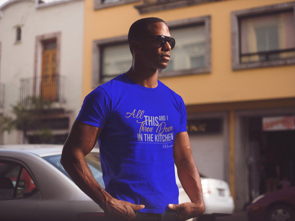 A man wearing our blue Throw Down Fly T-Shirt