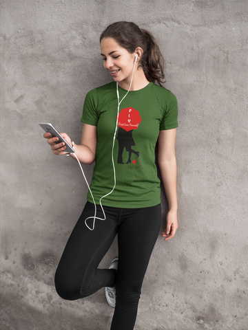 Woman wearing our green Fly Love Woman's Classic Fit Short-Sleeve T-Shirt