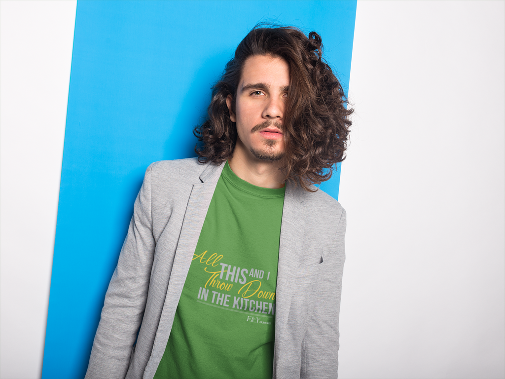 A man wearing our green Throw Down Fly T-Shirt