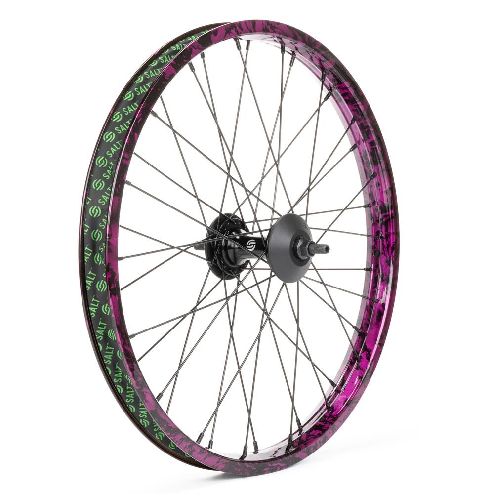 An image of Salt Ex Front Wheel Black with Purple Splatter Stock Front Wheels