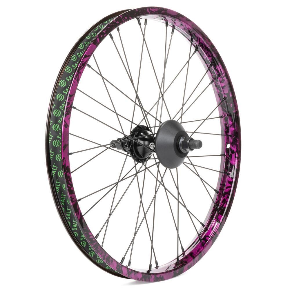 An image of Salt Ex Cassette Rear Wheel - RHD Black with Purple Splatter / RHD Stock Rear Wh...