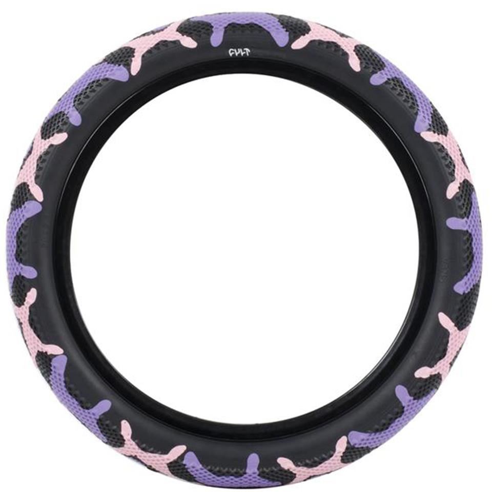 An image of Cult X Vans 14" Tyre Purple Camo With Black Sidewall / 14x2.2" BMX Tyres