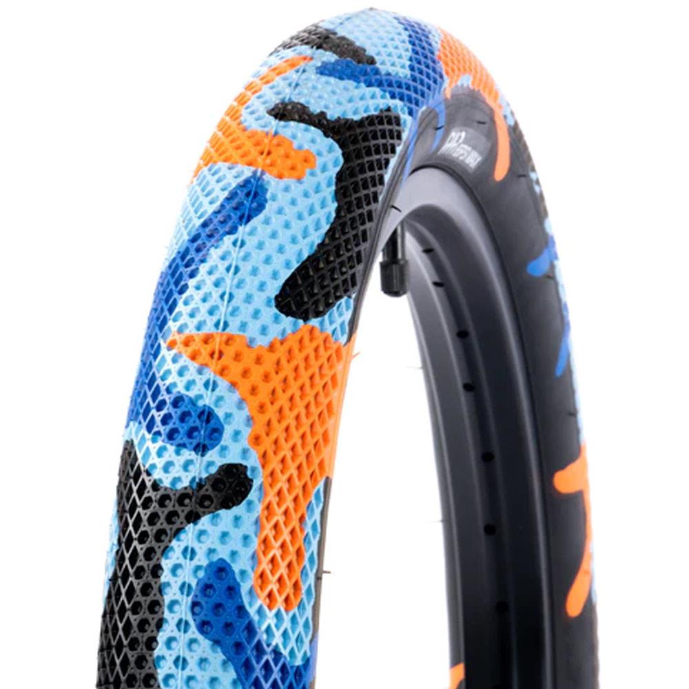 An image of Cult X Vans Tyre Blue And Orange Camo With Black Walls / 2.4" BMX Tyres