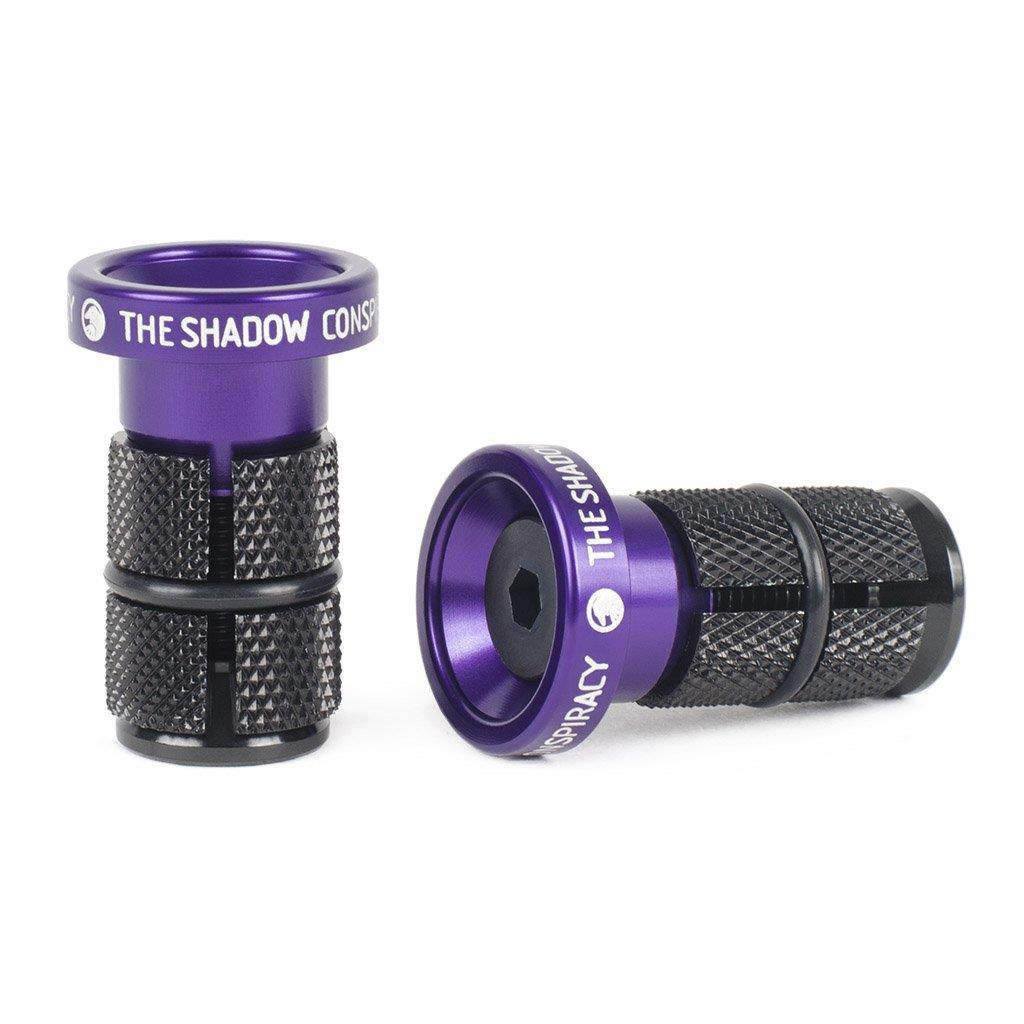 An image of Shadow Deadbolt Slim Bar Ends Skelator Purple BMX Bar Ends